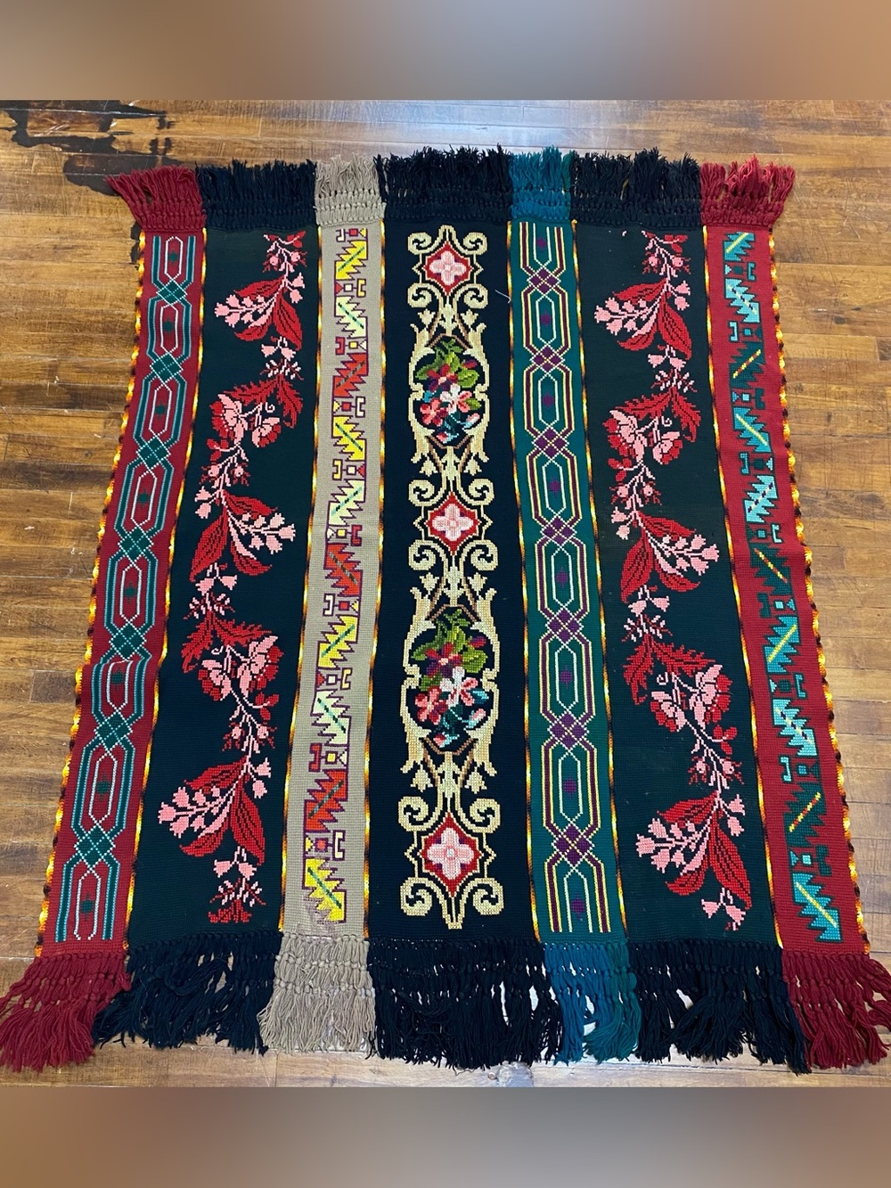 Vintage Handmade Cross Stitch Afghan Floral Folk Art Needlepoint Fringed Throw
